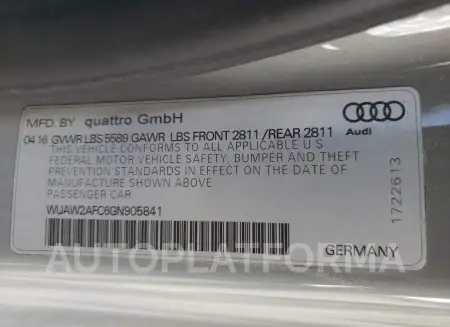 AUDI RS7 2016 vin WUAW2AFC6GN905841 from auto auction Copart