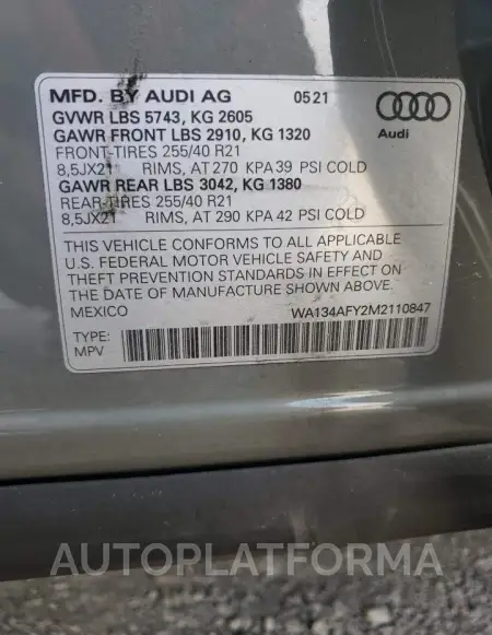 AUDI SQ5 SPORTB 2021 vin WA134AFY2M2110847 from auto auction Copart