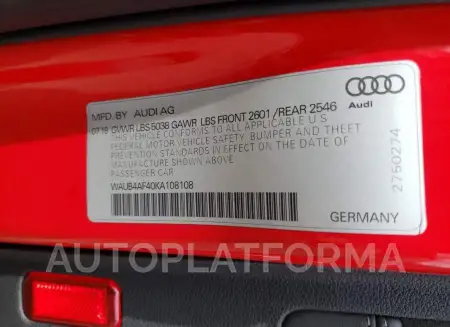 AUDI S4 PREMIUM 2019 vin WAUB4AF40KA108108 from auto auction Copart