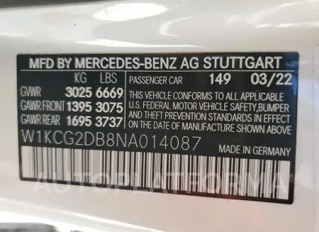 MERCEDES-BENZ EQS SEDAN 2022 vin W1KCG2DB8NA014087 from auto auction Copart