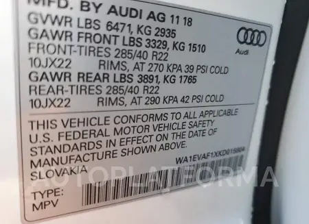 AUDI Q8 PREMIUM 2019 vin WA1EVAF1XKD015804 from auto auction Copart