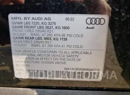 AUDI E-TRON S P 2022 vin WA1ACBGE0NB040710 from auto auction Copart