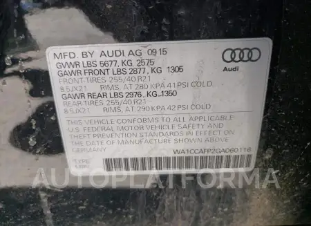 AUDI SQ5 PREMIU 2016 vin WA1CCAFP2GA060116 from auto auction Copart