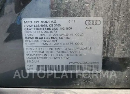 AUDI E-TRON PRE 2019 vin WA1VAAGE5KB006016 from auto auction Copart