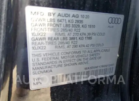 AUDI Q8 PREMIUM 2021 vin WA1EVAF17MD012037 from auto auction Copart