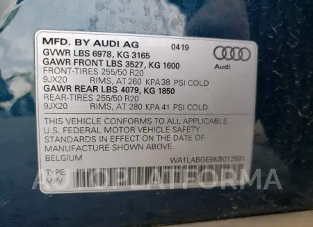 AUDI E-TRON PRE 2019 vin WA1LABGE9KB012561 from auto auction Copart