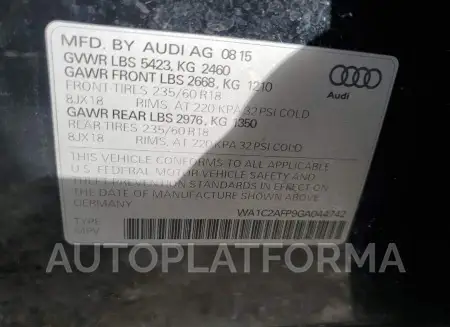 AUDI Q5 PREMIUM 2016 vin WA1C2AFP9GA044742 from auto auction Copart