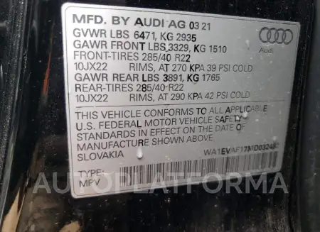 AUDI Q8 PREMIUM 2021 vin WA1EVAF17MD032482 from auto auction Copart