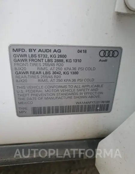 AUDI SQ5 PREMIU 2018 vin WA1A4AFY2J2176186 from auto auction Copart