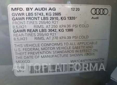 AUDI SQ5 PRESTI 2021 vin WA1C4AFY7M2048734 from auto auction Copart