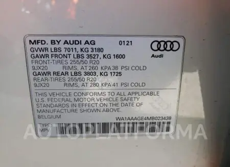 AUDI E-TRON PRE 2021 vin WA1AAAGE4MB023438 from auto auction Copart