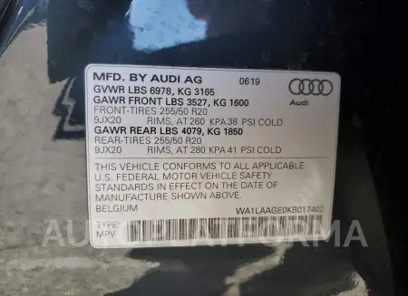 AUDI E-TRON PRE 2019 vin WA1LAAGE0KB017402 from auto auction Copart