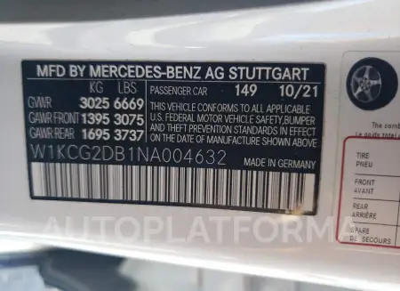 MERCEDES-BENZ EQS SEDAN 2022 vin W1KCG2DB1NA004632 from auto auction Copart