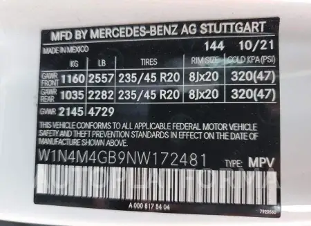 MERCEDES-BENZ GLB 250 2022 vin W1N4M4GB9NW172481 from auto auction Copart