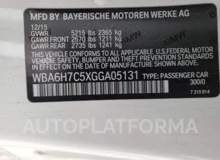 BMW 650 XI 2016 vin WBA6H7C5XGGA05131 from auto auction Copart