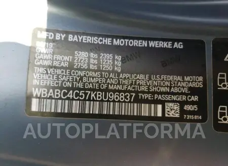 BMW M850XI 2019 vin WBABC4C57KBU96837 from auto auction Copart