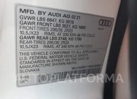 AUDI RS Q8 2021 vin WU1ARBF11MD030552 from auto auction Copart