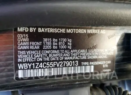 BMW I3 REX 2015 vin WBY1Z4C55FV279013 from auto auction Copart