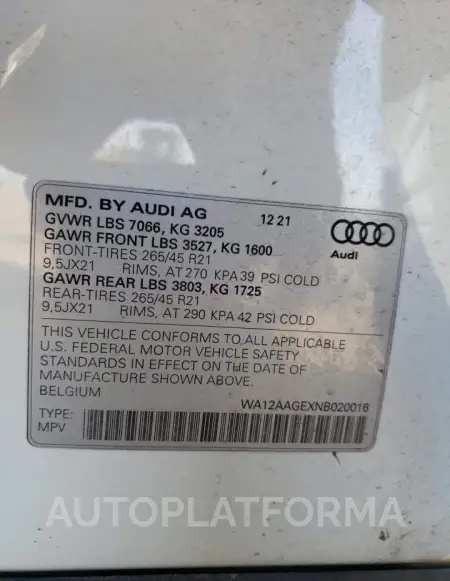 AUDI E-TRON SPO 2022 vin WA12AAGEXNB020016 from auto auction Copart