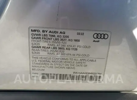 AUDI E-TRON PRE 2022 vin WA1AAAGE8NB031754 from auto auction Copart