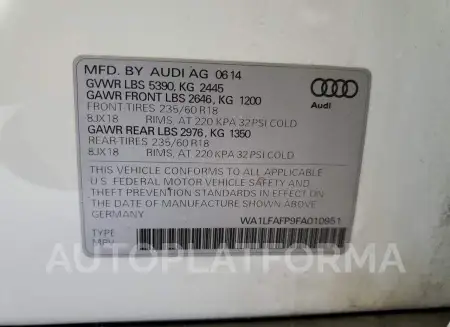 AUDI Q5 PREMIUM 2015 vin WA1LFAFP9FA010951 from auto auction Copart