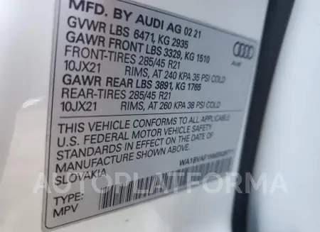 AUDI Q8 PREMIUM 2021 vin WA1BVAF15MD028711 from auto auction Copart