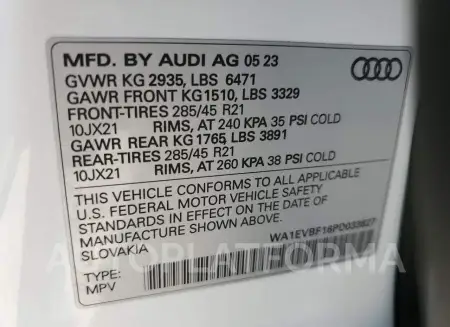 AUDI Q8 PREMIUM 2023 vin WA1EVBF16PD033827 from auto auction Copart