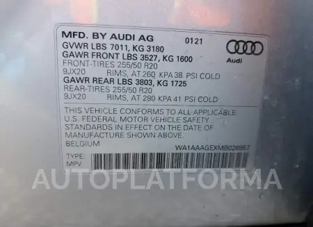 AUDI E-TRON PRE 2021 vin WA1AAAGEXMB026957 from auto auction Copart