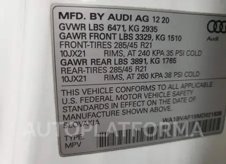 AUDI Q8 PREMIUM 2021 vin WA1BVAF15MD021838 from auto auction Copart