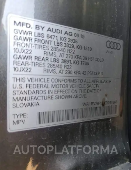 AUDI Q8 PREMIUM 2019 vin WA1BVAF16KD047863 from auto auction Copart