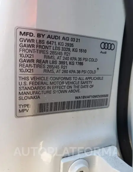 AUDI Q8 PREMIUM 2021 vin WA1BVAF10MD035565 from auto auction Copart