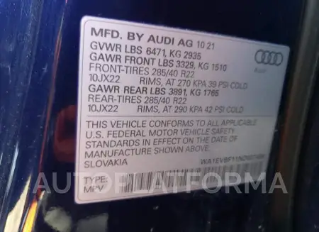 AUDI Q8 PREMIUM 2022 vin WA1EVBF11ND007438 from auto auction Copart