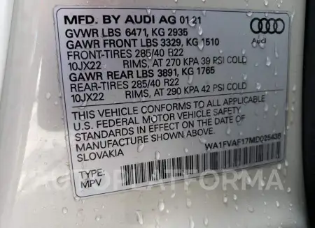 AUDI Q8 PRESTIG 2021 vin WA1FVAF17MD025438 from auto auction Copart