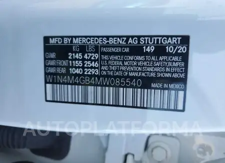 MERCEDES-BENZ GLB 250 2021 vin W1N4M4GB4MW085540 from auto auction Copart