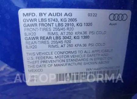 AUDI SQ5 PREMIU 2022 vin WA1A4AFY7N2081399 from auto auction Copart