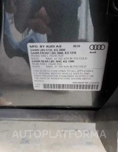 AUDI SQ5 PREMIU 2020 vin WA1B4AFY6L2122915 from auto auction Copart