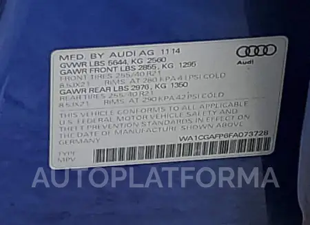 AUDI SQ5 PREMIU 2015 vin WA1CGAFP6FA073728 from auto auction Copart