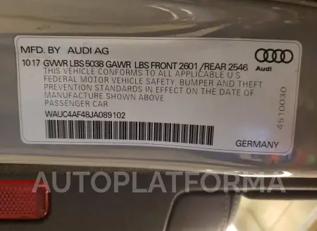 AUDI S4 PRESTIG 2018 vin WAUC4AF48JA089102 from auto auction Copart