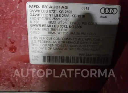 AUDI SQ5 PREMIU 2019 vin WA1B4AFY1K2114817 from auto auction Copart