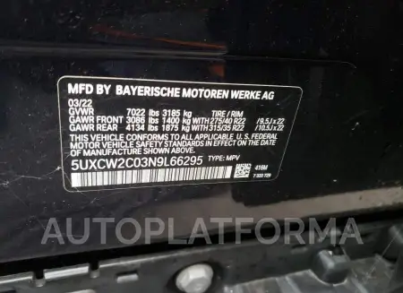 BMW X7 XDRIVE4 2022 vin 5UXCW2C03N9L66295 from auto auction Copart