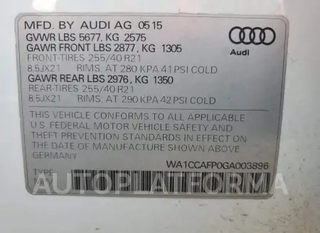 AUDI SQ5 PREMIU 2016 vin WA1CCAFP0GA003896 from auto auction Copart