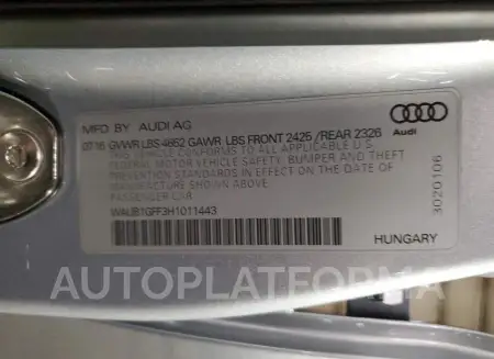 AUDI S3 PREMIUM 2017 vin WAUB1GFF3H1011443 from auto auction Copart