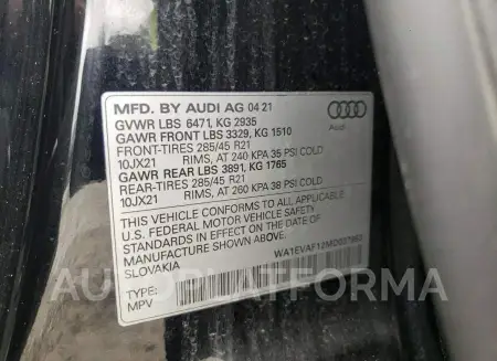 AUDI Q8 PREMIUM 2021 vin WA1EVAF12MD037993 from auto auction Copart