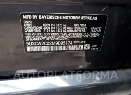 BMW X7 XDRIVE4 2021 vin 5UXCW2C02M9D95174 from auto auction Copart