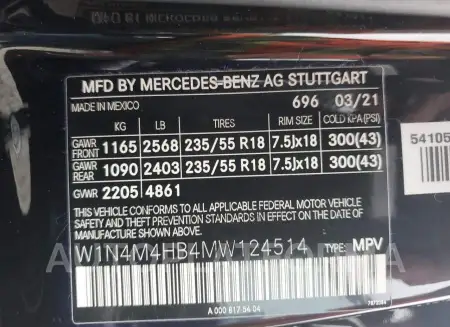 MERCEDES-BENZ GLB 250 4M 2021 vin W1N4M4HB4MW124514 from auto auction Copart