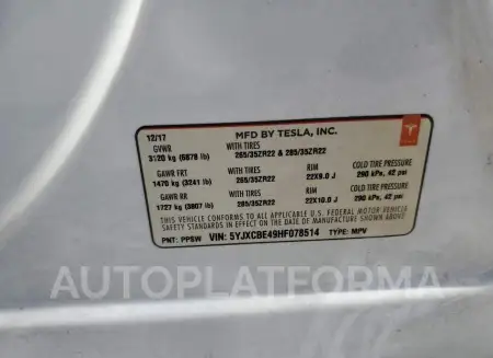 TESLA MODEL X 2017 vin 5YJXCBE49HF078514 from auto auction Copart