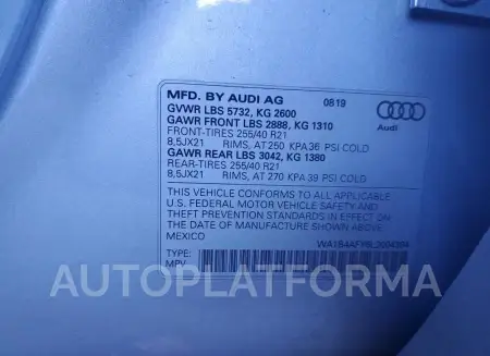 AUDI SQ5 PREMIU 2020 vin WA1B4AFY6L2004394 from auto auction Copart