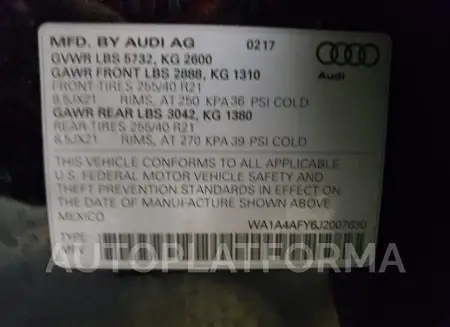 AUDI SQ5 PREMIU 2018 vin WA1A4AFY6J2007630 from auto auction Copart