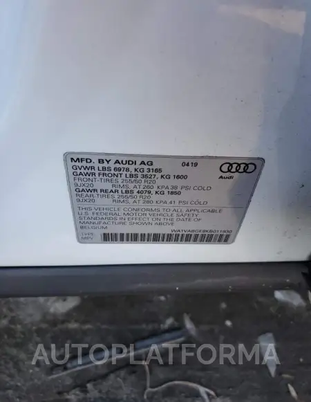 AUDI E-TRON PRE 2019 vin WA1VABGE8KB011930 from auto auction Copart