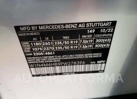 MERCEDES-BENZ GLB 250 4M 2023 vin W1N4M4HB9PW278396 from auto auction Copart